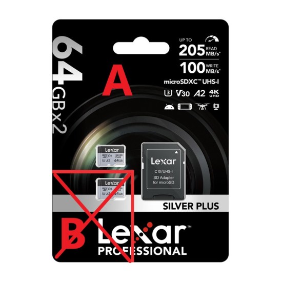 Lexar High-Performance Silver Plus“microSDXC viena atminties kortelė 64GB +adapteris (iškomplektuota tik A dalis)