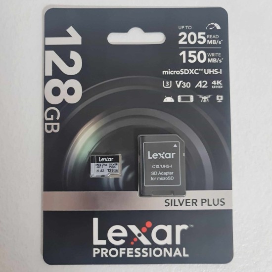 Lexar microSDXC Professional SILVER Plus UHS-I/U3/A2/4K R205/W150 (V30) 128GB (su adapteriu)