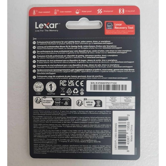 Lexar microSDXC Professional SILVER Plus UHS-I/U3/A2/4K R205/W150 (V30) 128GB (su adapteriu)